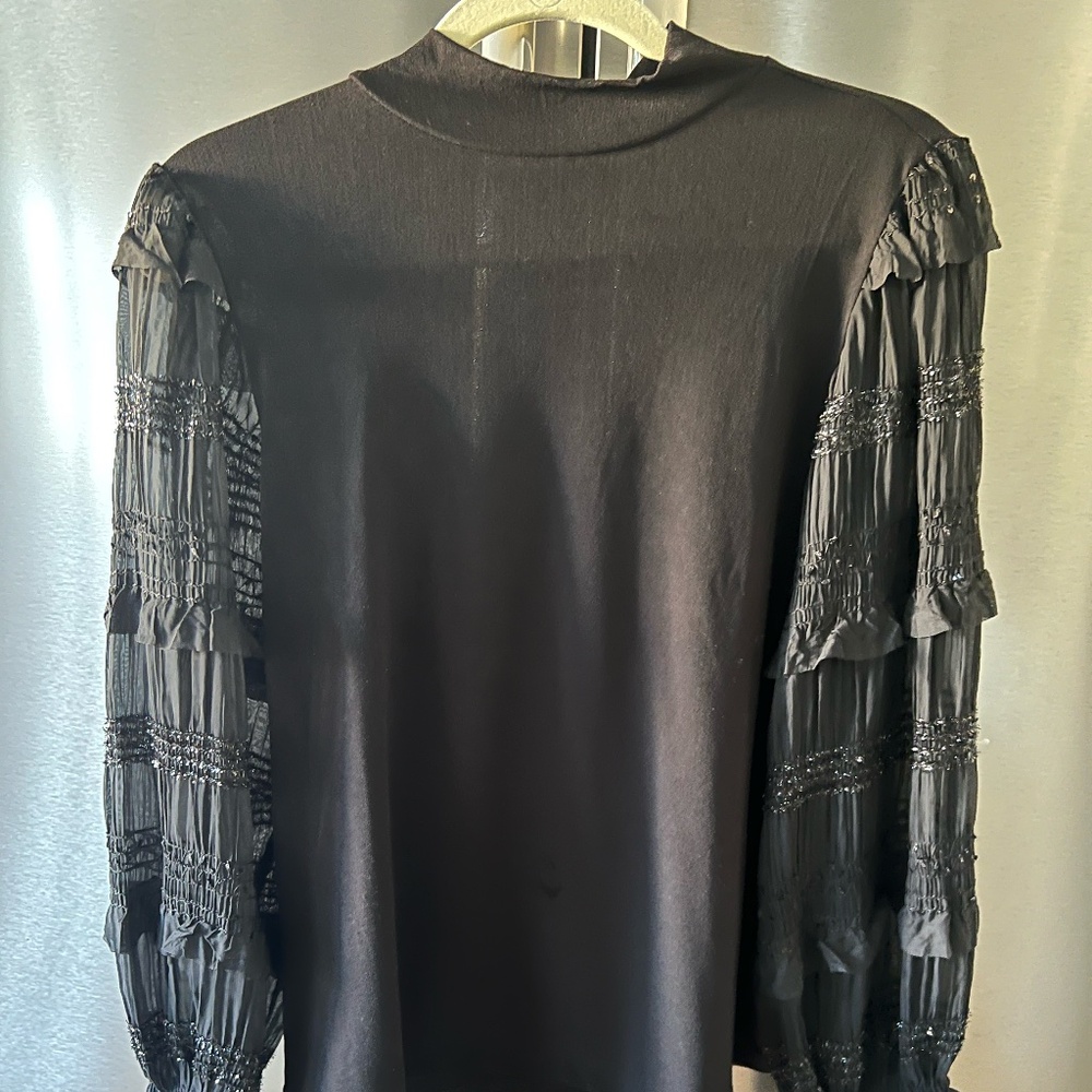 Women's Black Sheer Sequin Sleeve Mock Turtleneck - Size M